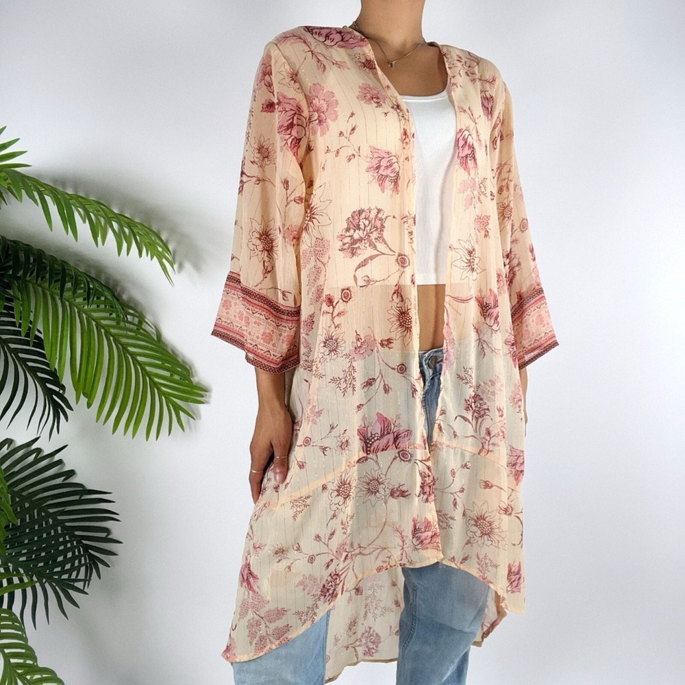 Maurices Sheer Floral Kimono 3X Cream Pink Boho Duster Lightweight Layering